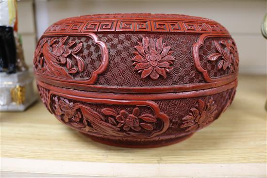 A 19th century Chinese cinnabar lacquer box and cover, diameter 10in.